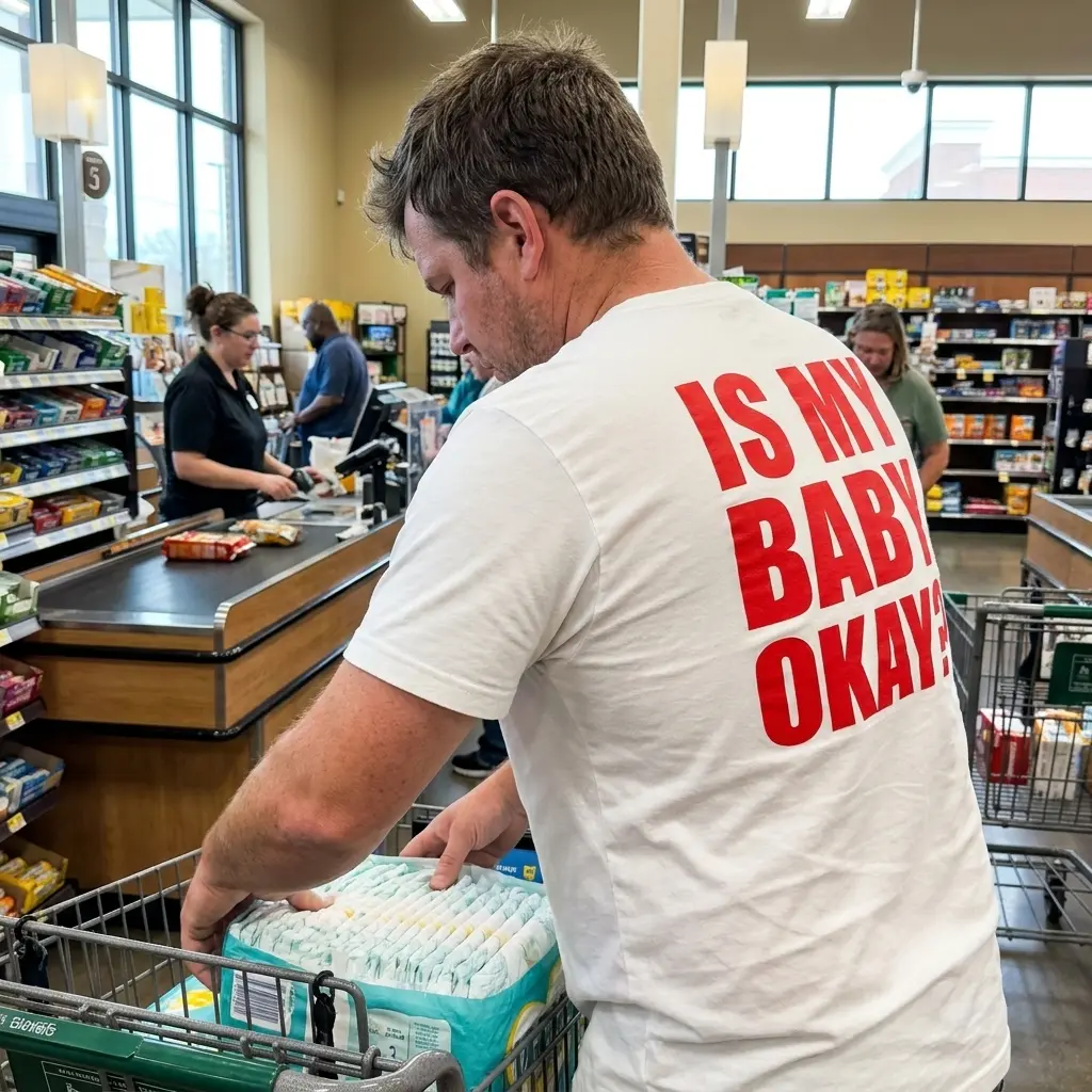Is My Baby Okay Bold Red Back Print Funny Parent T-Shirt 6 Close-up casual look showcasing white tee and white tee back print reading IS MY BABY OKAY in oversized bold red block letters