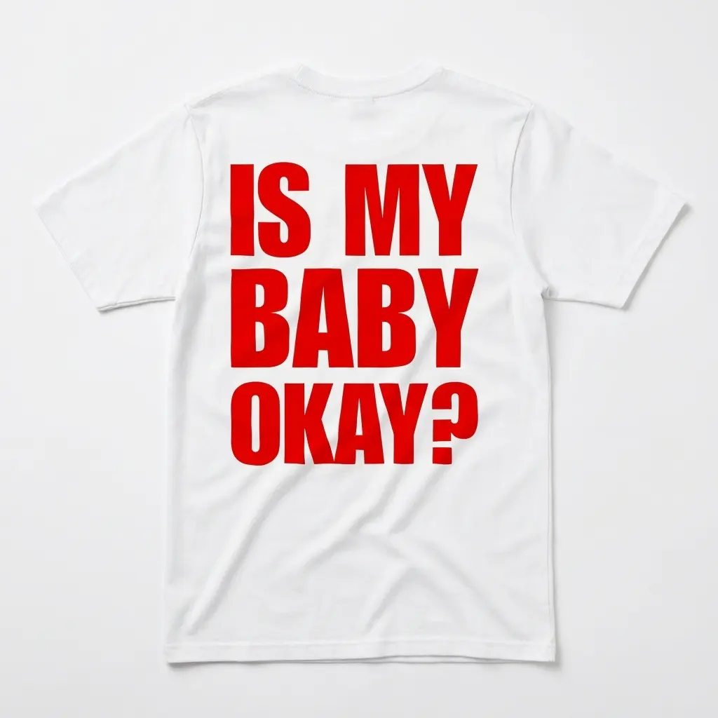 Is My Baby Okay Bold Red Back Print Funny Parent T-Shirt 1 Flatlay white t-shirt featuring white tee back print reading IS MY BABY OKAY in oversized bold red block letters