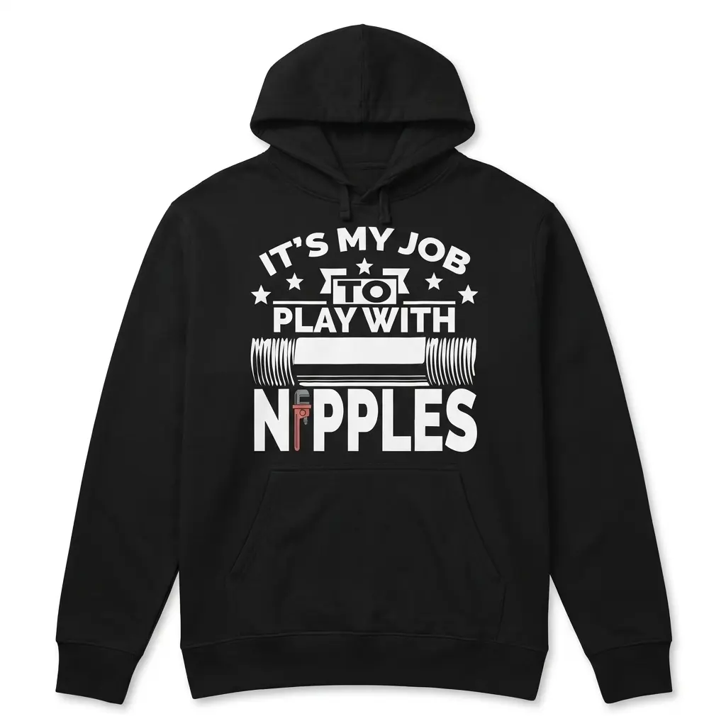 Its My Job to Play With Nipples Funny Plumber T-Shirt 2 Front flat lay of a hoodie printed with the humorous It's My Job to Play With Nipples plumber design.