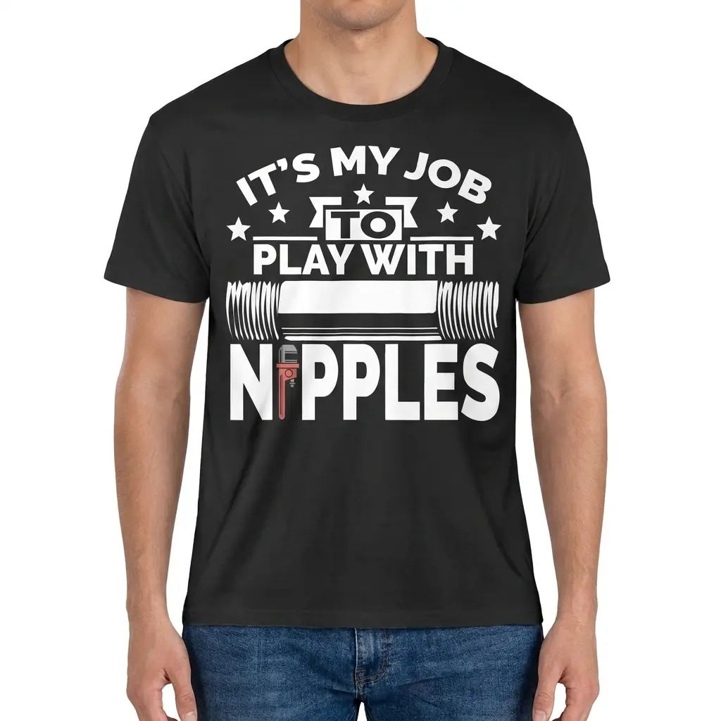 Its My Job to Play With Nipples Funny Plumber T-Shirt 4 Front view of a man wearing the black play with nipples plumber shirt with white typography and pipe graphic.