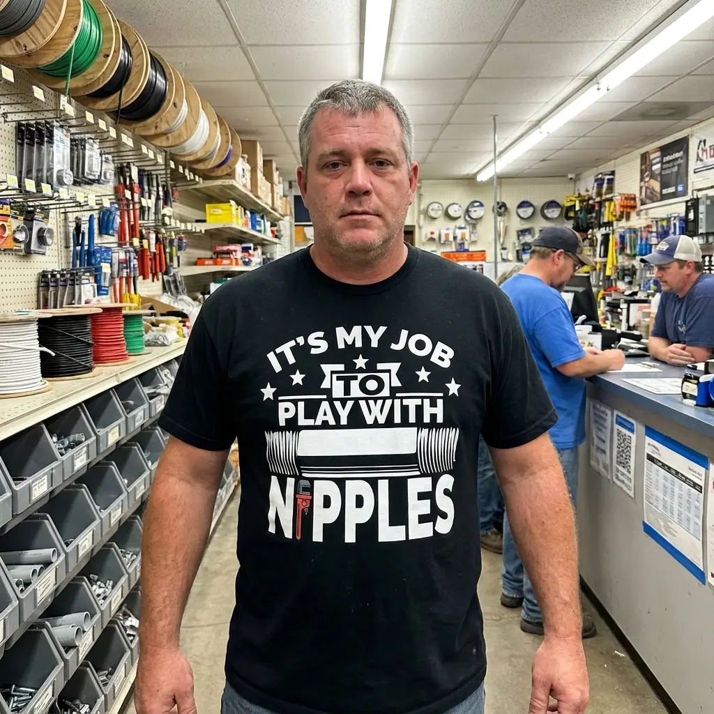 Its My Job to Play With Nipples Funny Plumber T-Shirt 5 Lifestyle view of the funny It's My Job to Play With Nipples plumber shirt in an everyday setting.