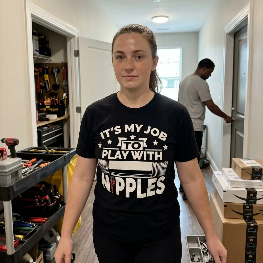 Its My Job to Play With Nipples Funny Plumber T-Shirt 6 Casual lifestyle scene showcasing the humorous play with nipples plumber graphic apparel.