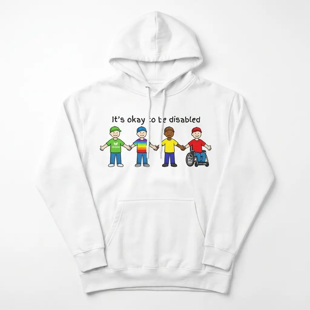 Front flat lay of a hoodie printed with the It's Okay To Be Disabled cartoon meme design across the chest.
