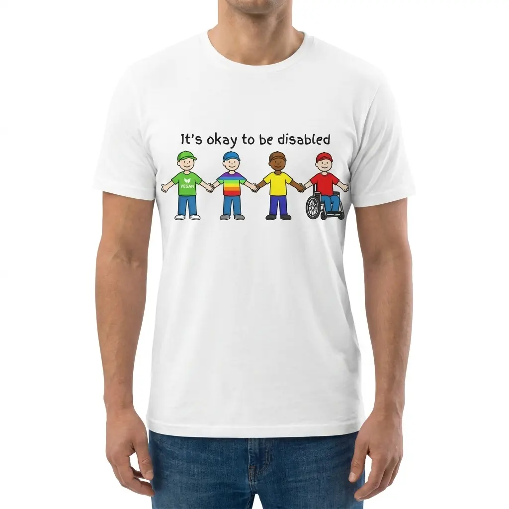 Front view of a man wearing the white t-shirt featuring the It's Okay To Be Disabled graphic print.