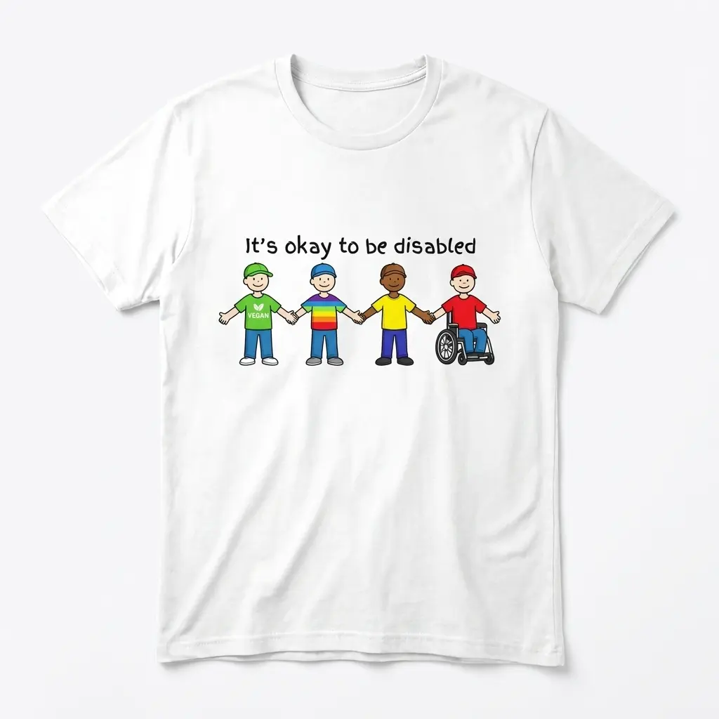 Flat lay of a white t-shirt featuring It's Okay To Be Disabled graphic with four cartoon figures holding hands.
