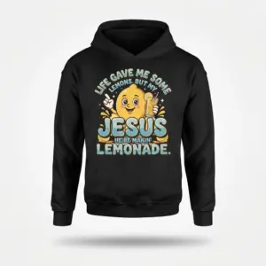 Jesus Makin Lemonade Retro Christian T-Shirt 7 Front flat lay view of a hoodie printed with the Jesus Makin Lemonade cartoon lemon graphic.