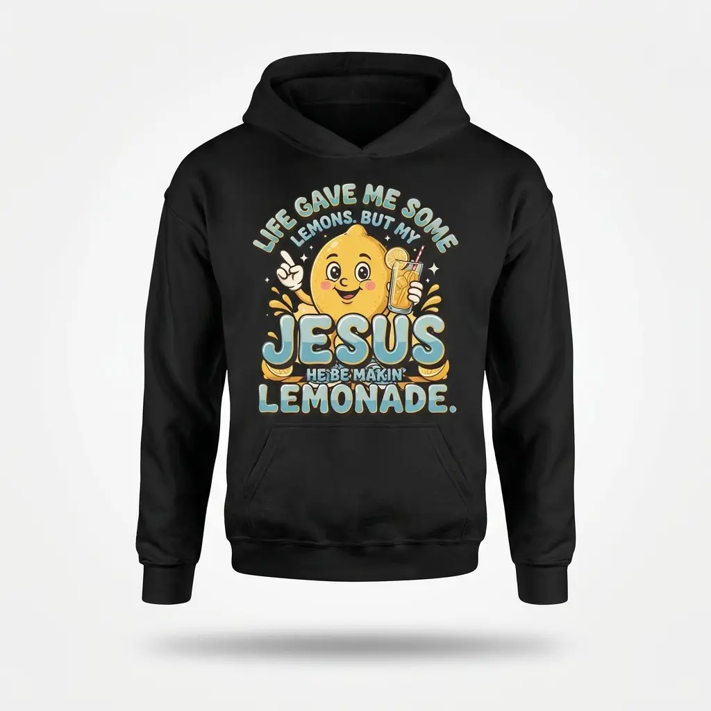 Front flat lay view of a hoodie printed with the Jesus Makin Lemonade cartoon lemon graphic.