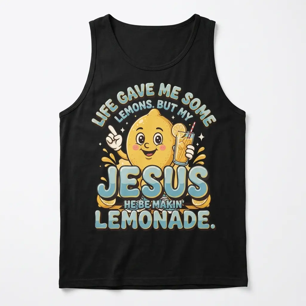Flat lay front view of a tank top featuring the retro Jesus Makin Lemonade graphic design.