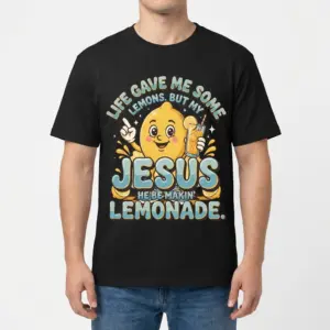 Jesus Makin Lemonade Retro Christian T-Shirt 9 Male model wearing the Jesus Makin Lemonade retro Christian graphic t-shirt from the front.