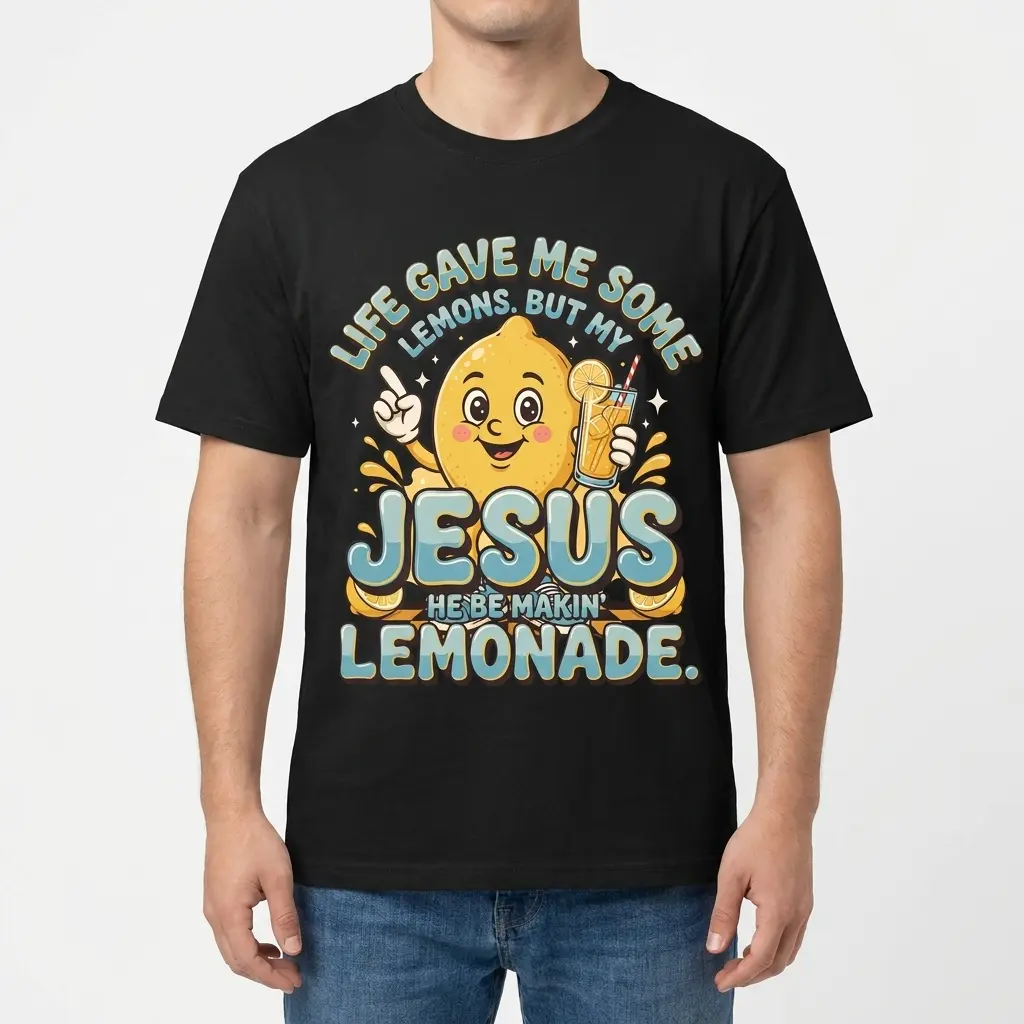 Male model wearing the Jesus Makin Lemonade retro Christian graphic t-shirt from the front.