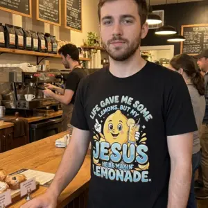 Jesus Makin Lemonade Retro Christian T-Shirt 11 Lifestyle setting showcasing the vintage-style Jesus Makin Lemonade lemon graphic tee.