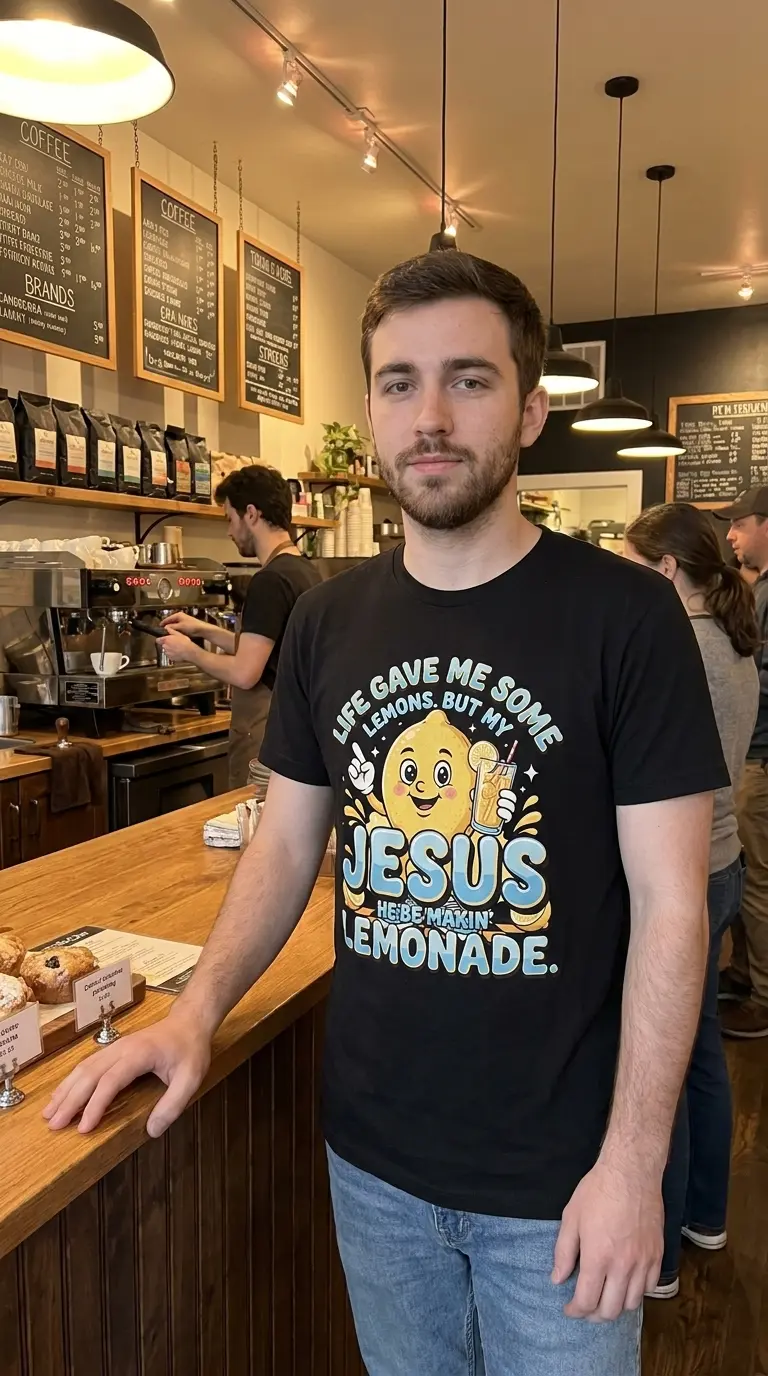 Lifestyle setting showcasing the vintage-style Jesus Makin Lemonade lemon graphic tee.