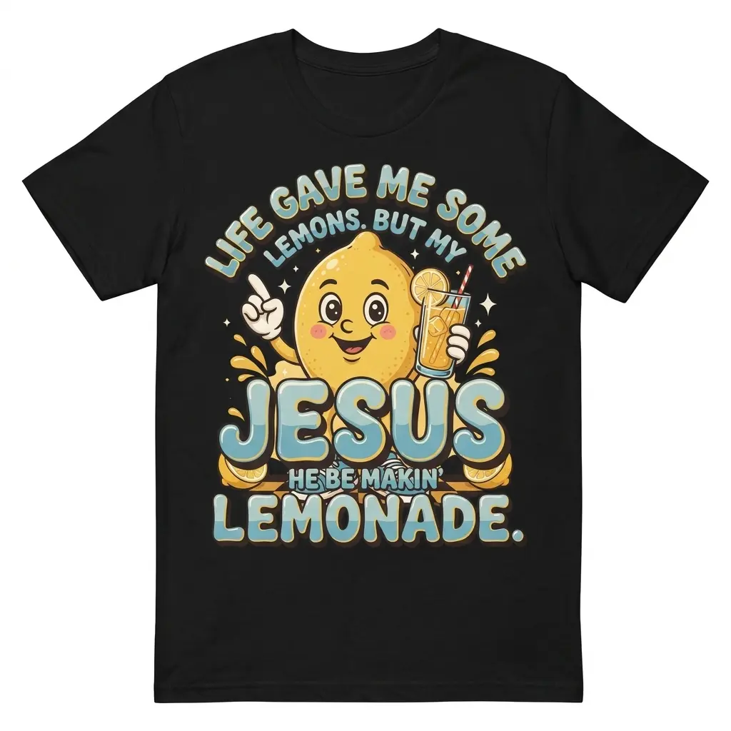 Flat lay of a black t-shirt with a retro cartoon lemon and text Life Gave Me Some Lemons But My Jesus He Be Makin Lemonade.