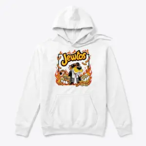 Jewtos Flamin Hot Snack Parody Cheetah Graphic White T-Shirt 7 Cozy pullover hoodie displaying white tee front print reading JEWTOS above a cartoon cheetah in sunglasses holding gold coins and cheese puffs in flames