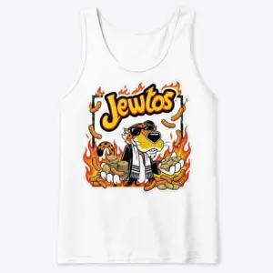 Jewtos Flamin Hot Snack Parody Cheetah Graphic White T-Shirt 8 Sleeveless casual tank top with white tee front print reading JEWTOS above a cartoon cheetah in sunglasses holding gold coins and cheese puffs in flames