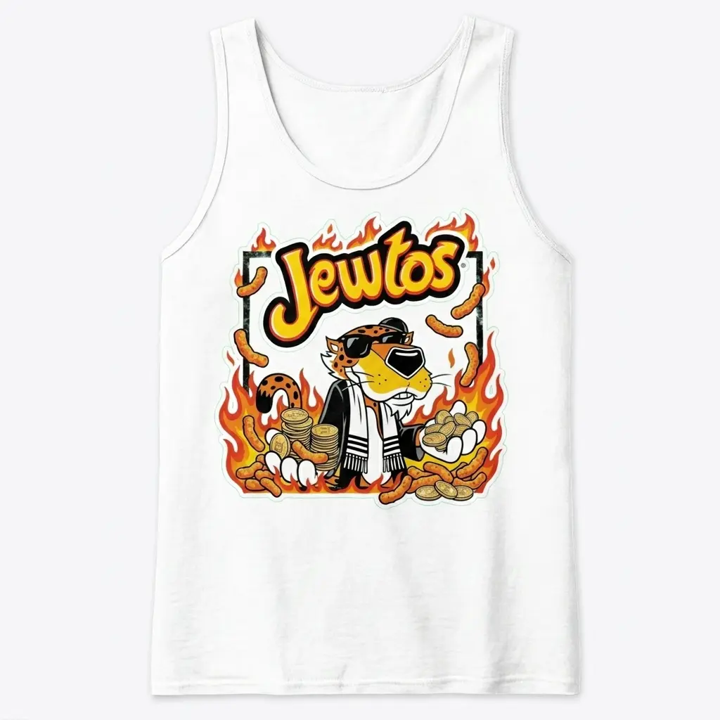 Jewtos Flamin Hot Snack Parody Cheetah Graphic White T-Shirt 3 Sleeveless casual tank top with white tee front print reading JEWTOS above a cartoon cheetah in sunglasses holding gold coins and cheese puffs in flames