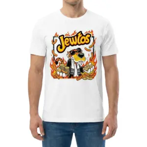 Jewtos Flamin Hot Snack Parody Cheetah Graphic White T-Shirt 9 Man wearing white graphic tee with white tee front print reading JEWTOS above a cartoon cheetah in sunglasses holding gold coins and cheese puffs in flames