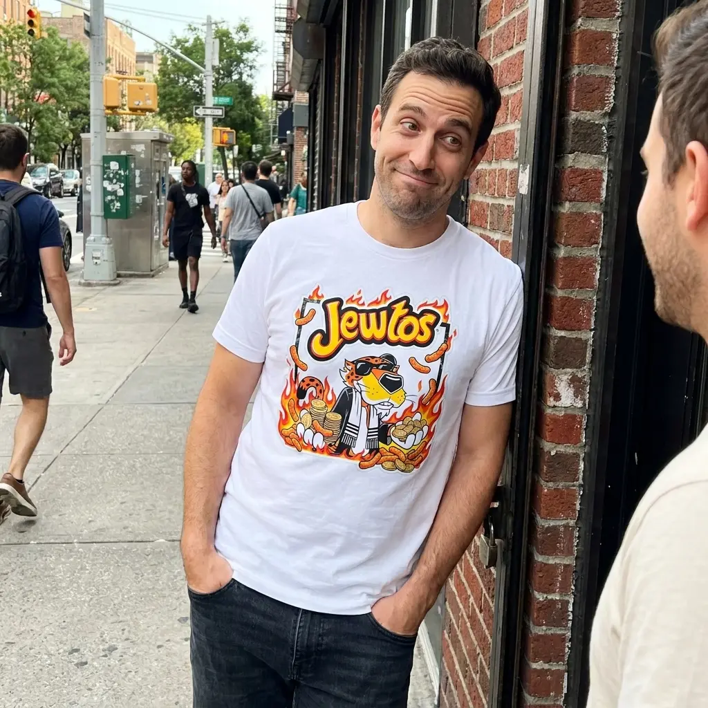 Jewtos Flamin Hot Snack Parody Cheetah Graphic White T-Shirt 5 Everyday streetwear outfit styling white shirt with white tee front print reading JEWTOS above a cartoon cheetah in sunglasses holding gold coins and