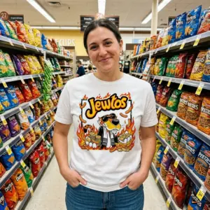 Jewtos Flamin Hot Snack Parody Cheetah Graphic White T-Shirt 11 Close-up casual look showcasing white tee and white tee front print reading JEWTOS above a cartoon cheetah in sunglasses holding gold coins and cheese