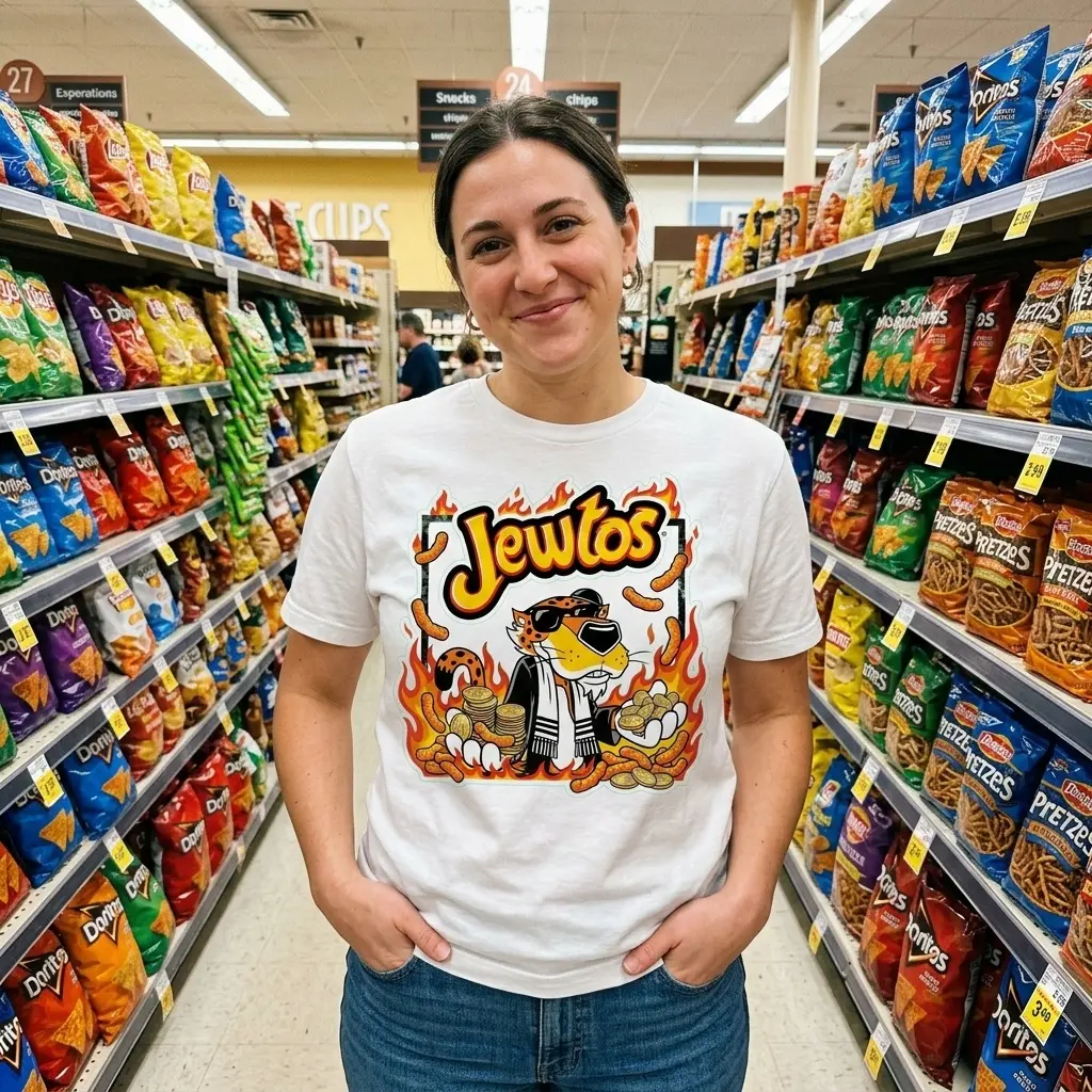 Jewtos Flamin Hot Snack Parody Cheetah Graphic White T-Shirt 6 Close-up casual look showcasing white tee and white tee front print reading JEWTOS above a cartoon cheetah in sunglasses holding gold coins and cheese