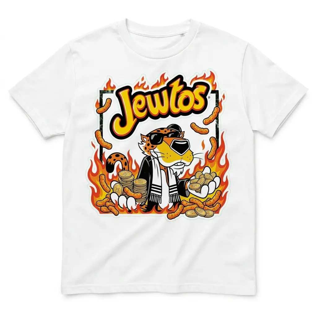 Jewtos Flamin Hot Snack Parody Cheetah Graphic White T-Shirt 1 Flatlay white t-shirt featuring white tee front print reading JEWTOS above a cartoon cheetah in sunglasses holding gold coins and cheese puffs in flames
