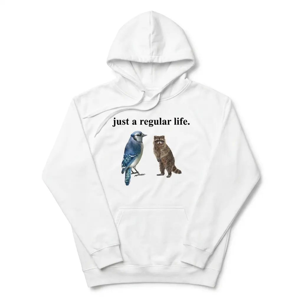 Just A Regular Life Blue Jay And Raccoon Funny White T-Shirt 2 Cozy pullover hoodie displaying white tee front print reading JUST A REGULAR LIFE above a realistic watercolor blue jay and standing brown raccoon