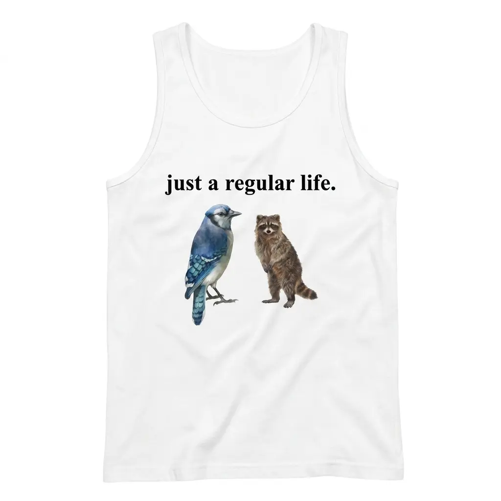 Just A Regular Life Blue Jay And Raccoon Funny White T-Shirt 3 Sleeveless casual tank top with white tee front print reading JUST A REGULAR LIFE above a realistic watercolor blue jay and standing brown raccoon