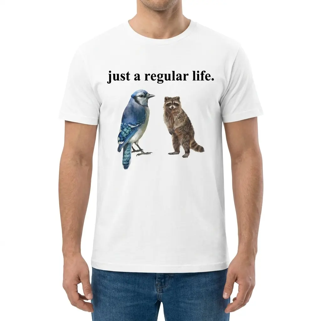 Just A Regular Life Blue Jay And Raccoon Funny White T-Shirt 4 Man wearing white graphic tee with white tee front print reading JUST A REGULAR LIFE above a realistic watercolor blue jay and standing brown raccoon
