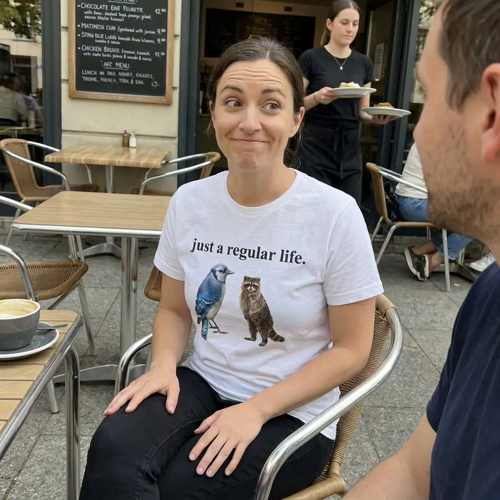 Just A Regular Life Blue Jay And Raccoon Funny White T-Shirt 5 Everyday streetwear outfit styling white shirt with white tee front print reading JUST A REGULAR LIFE above a realistic watercolor blue jay and standing