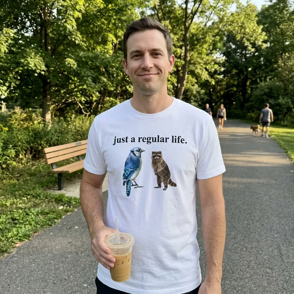 Just A Regular Life Blue Jay And Raccoon Funny White T-Shirt 6 Close-up casual look showcasing white tee and white tee front print reading JUST A REGULAR LIFE above a realistic watercolor blue jay and standing brown