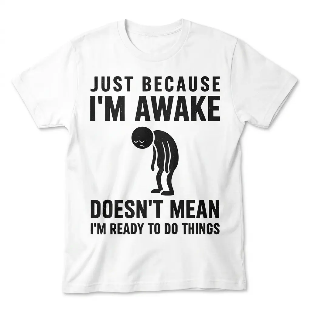 Flat lay of a white t-shirt featuring a slumped figure and text reading Just Because I'm Awake Doesn't Mean I'm Ready To Do Things.