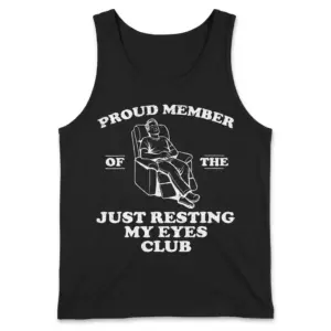Just Resting My Eyes Club Funny Dad T-Shirt 8 Front flat lay view of a tank top featuring the Just Resting My Eyes Club recliner design.