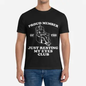 Just Resting My Eyes Club Funny Dad T-Shirt 9 Front view of a man wearing the Just Resting My Eyes Club graphic t-shirt.
