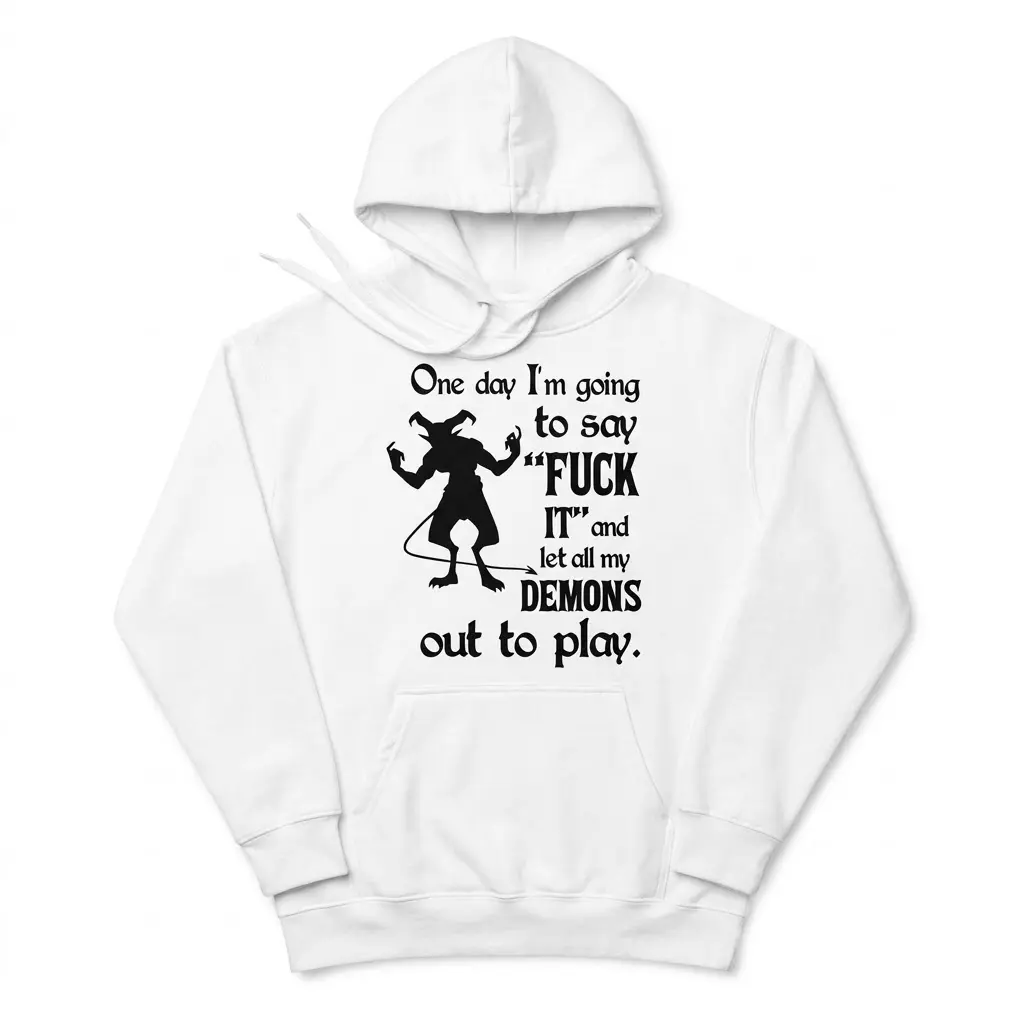 Front flat lay of a hoodie featuring the demon silhouette and Let My Demons Out To Play graphic design.