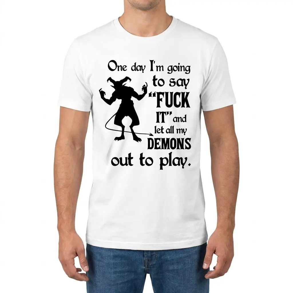 Man wearing the Let My Demons Out graphic t-shirt seen from the front.