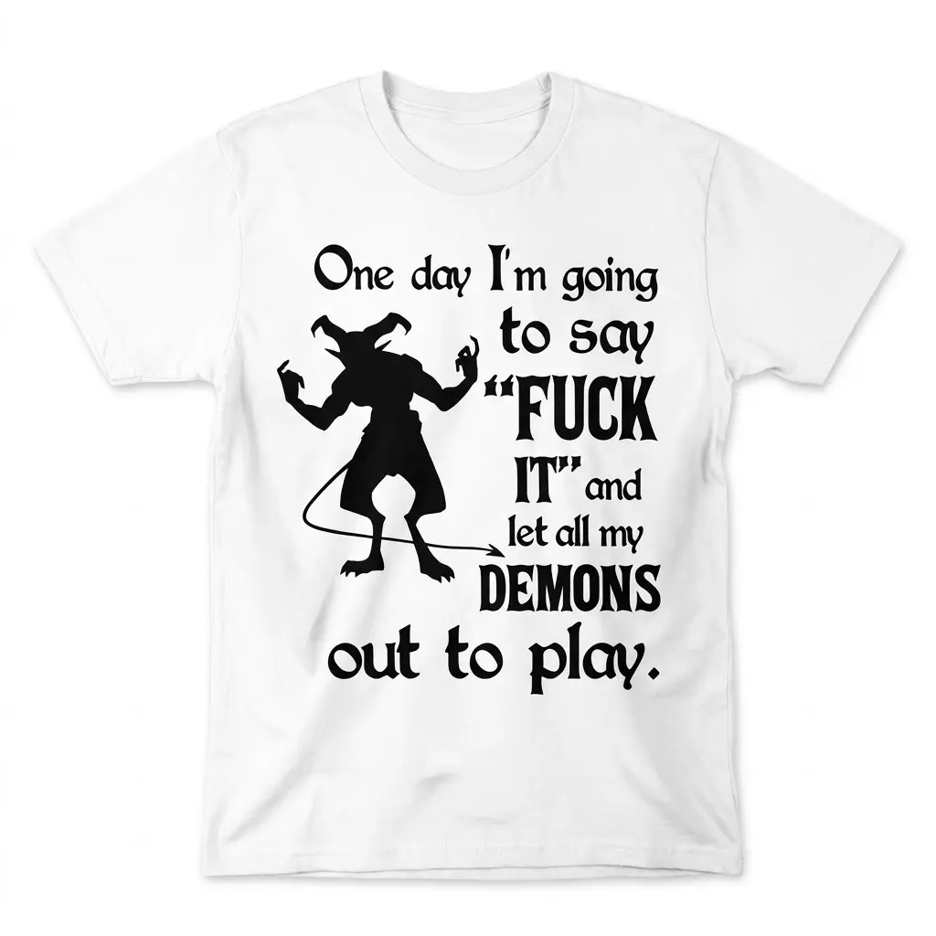 Let My Demons Out To Play graphic t-shirt displayed flat, featuring a demon silhouette and bold text.