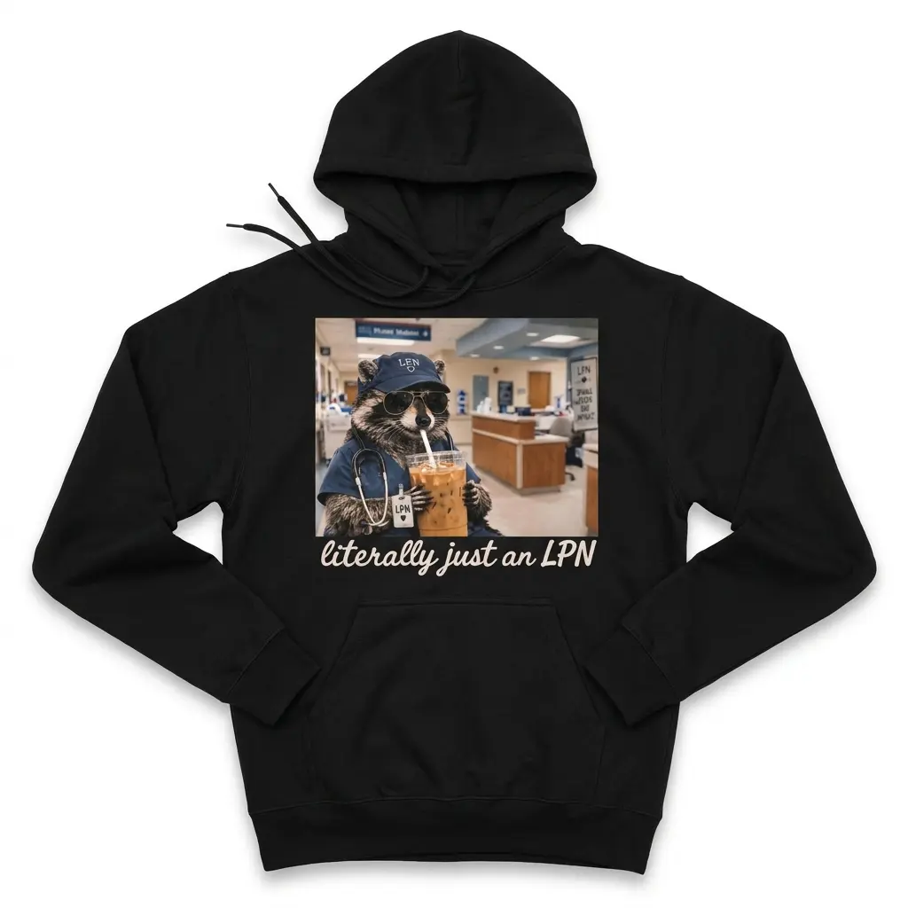 Cozy pullover hoodie displaying black tee front print of a raccoon in blue scrubs, LPN cap, sunglasses, and stethoscope drinking iced coffee above