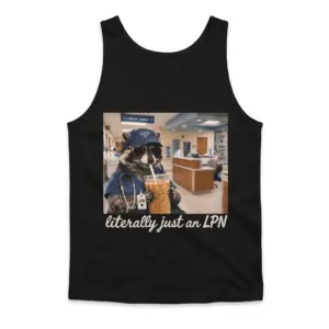 Literally Just An LPN Raccoon Iced Coffee Funny Nurse T-Shirt 8 Sleeveless casual tank top with black tee front print of a raccoon in blue scrubs, LPN cap, sunglasses, and stethoscope drinking iced coffee above