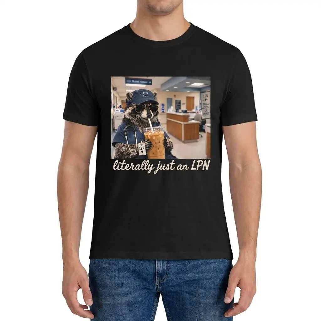 Man wearing black graphic tee with black tee front print of a raccoon in blue scrubs, LPN cap, sunglasses, and stethoscope drinking iced coffee above