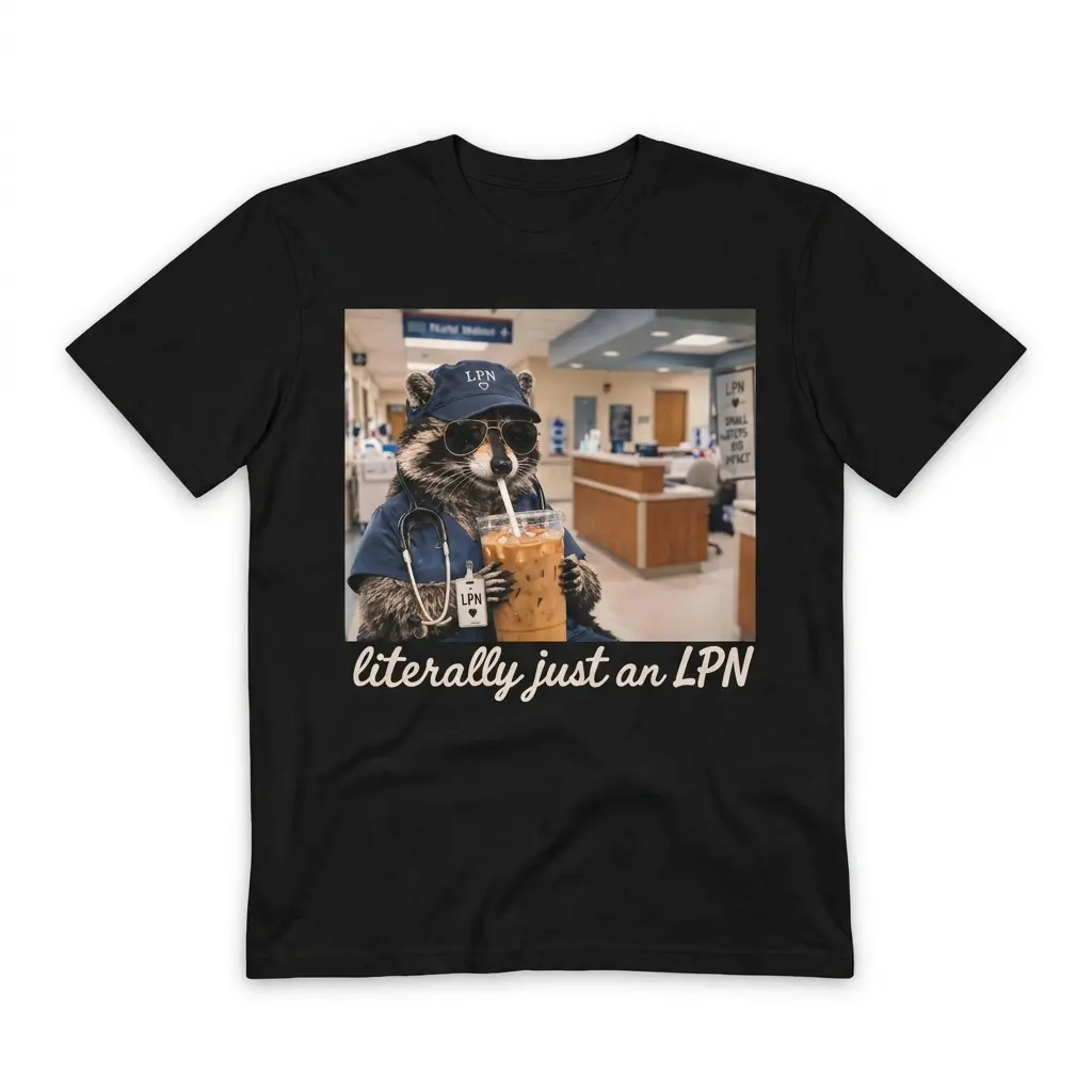 Flatlay black t-shirt featuring black tee front print of a raccoon in blue scrubs, LPN cap, sunglasses, and stethoscope drinking iced coffee above