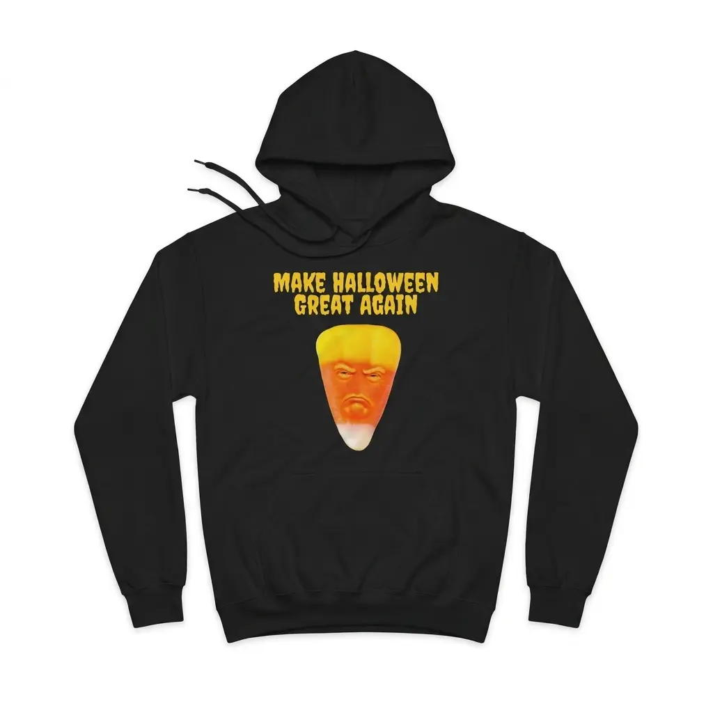 Make Halloween Great Again Candy Corn Parody Black T-Shirt 2 Cozy pullover hoodie displaying black tee front print reading MAKE HALLOWEEN GREAT AGAIN above a grumpy face on a candy corn