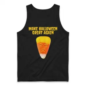 Make Halloween Great Again Candy Corn Parody Black T-Shirt 8 Sleeveless casual tank top with black tee front print reading MAKE HALLOWEEN GREAT AGAIN above a grumpy face on a candy corn