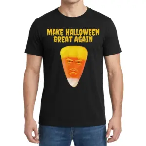 Make Halloween Great Again Candy Corn Parody Black T-Shirt 9 Man wearing black graphic tee with black tee front print reading MAKE HALLOWEEN GREAT AGAIN above a grumpy face on a candy corn