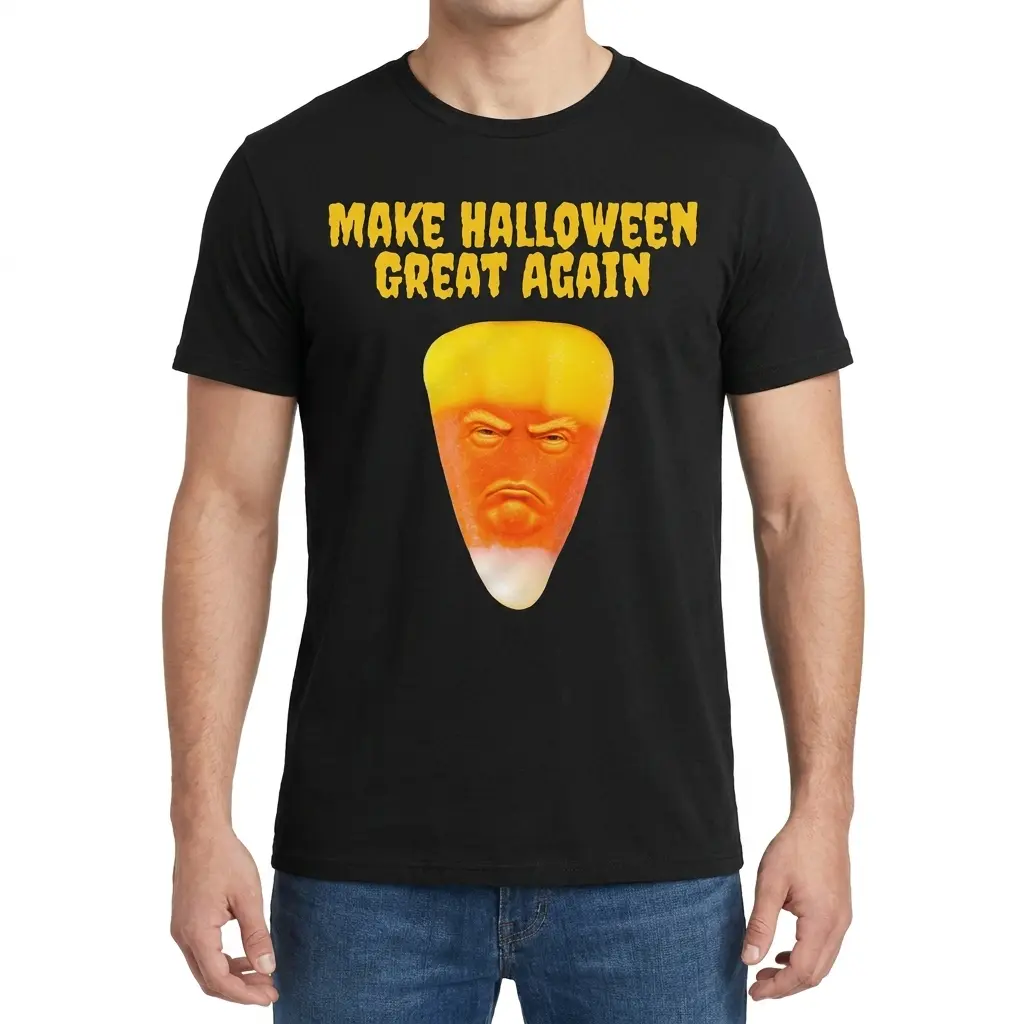 Make Halloween Great Again Candy Corn Parody Black T-Shirt 4 Man wearing black graphic tee with black tee front print reading MAKE HALLOWEEN GREAT AGAIN above a grumpy face on a candy corn