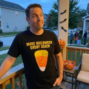 Make Halloween Great Again Candy Corn Parody Black T-Shirt 10 Everyday streetwear outfit styling black shirt with black tee front print reading MAKE HALLOWEEN GREAT AGAIN above a grumpy face on a candy corn