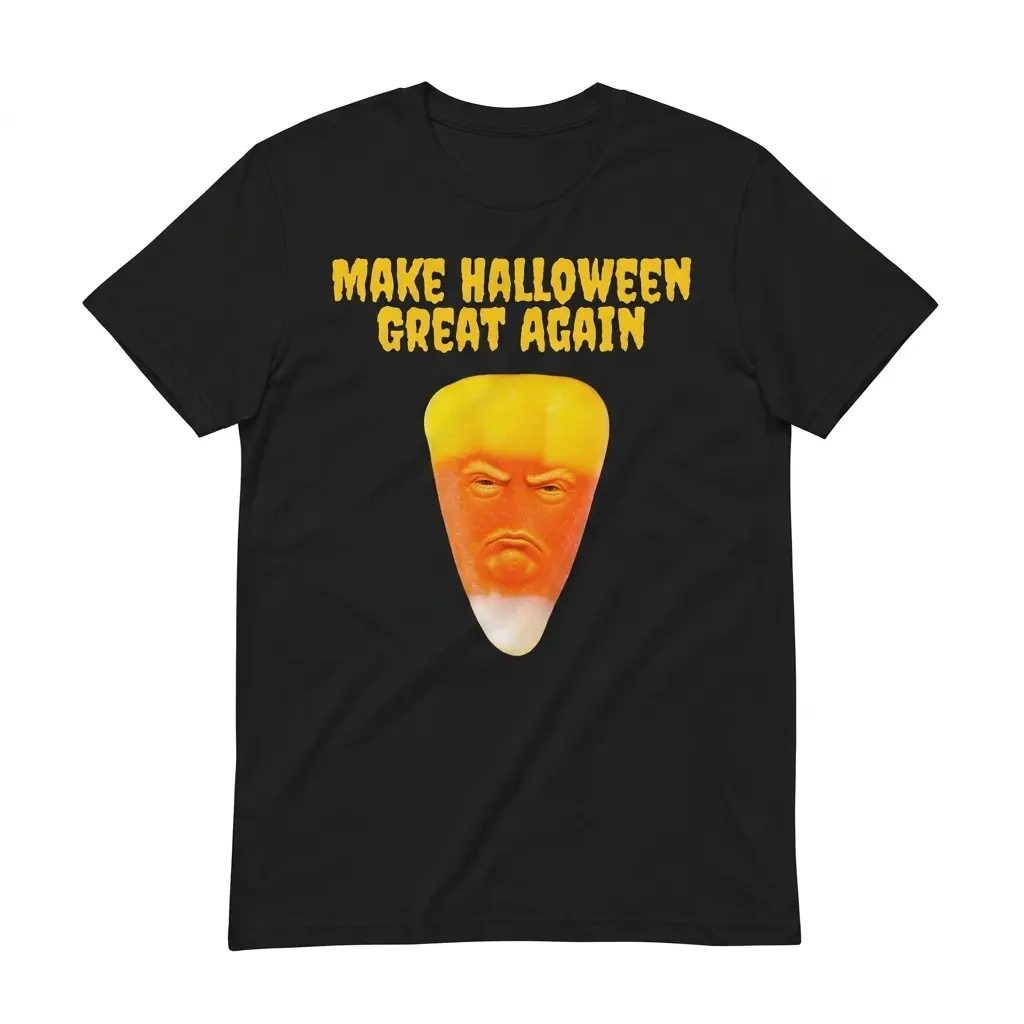 Make Halloween Great Again Candy Corn Parody Black T-Shirt 1 Flatlay black t-shirt featuring black tee front print reading MAKE HALLOWEEN GREAT AGAIN above a grumpy face on a candy corn