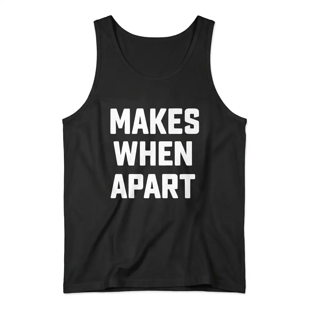 Makes When Apart Funny Grammar T-Shirt 3 Black sleeveless tank top laid flat featuring white capital text reading MAKES WHEN APART.