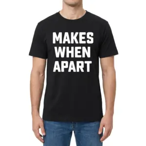 Makes When Apart Funny Grammar T-Shirt 9 Front view of a man wearing the black graphic t-shirt with white MAKES WHEN APART text.