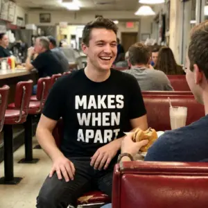 Makes When Apart Funny Grammar T-Shirt 10 Lifestyle photo of the black graphic t-shirt with white MAKES WHEN APART lettering in a casual setting.