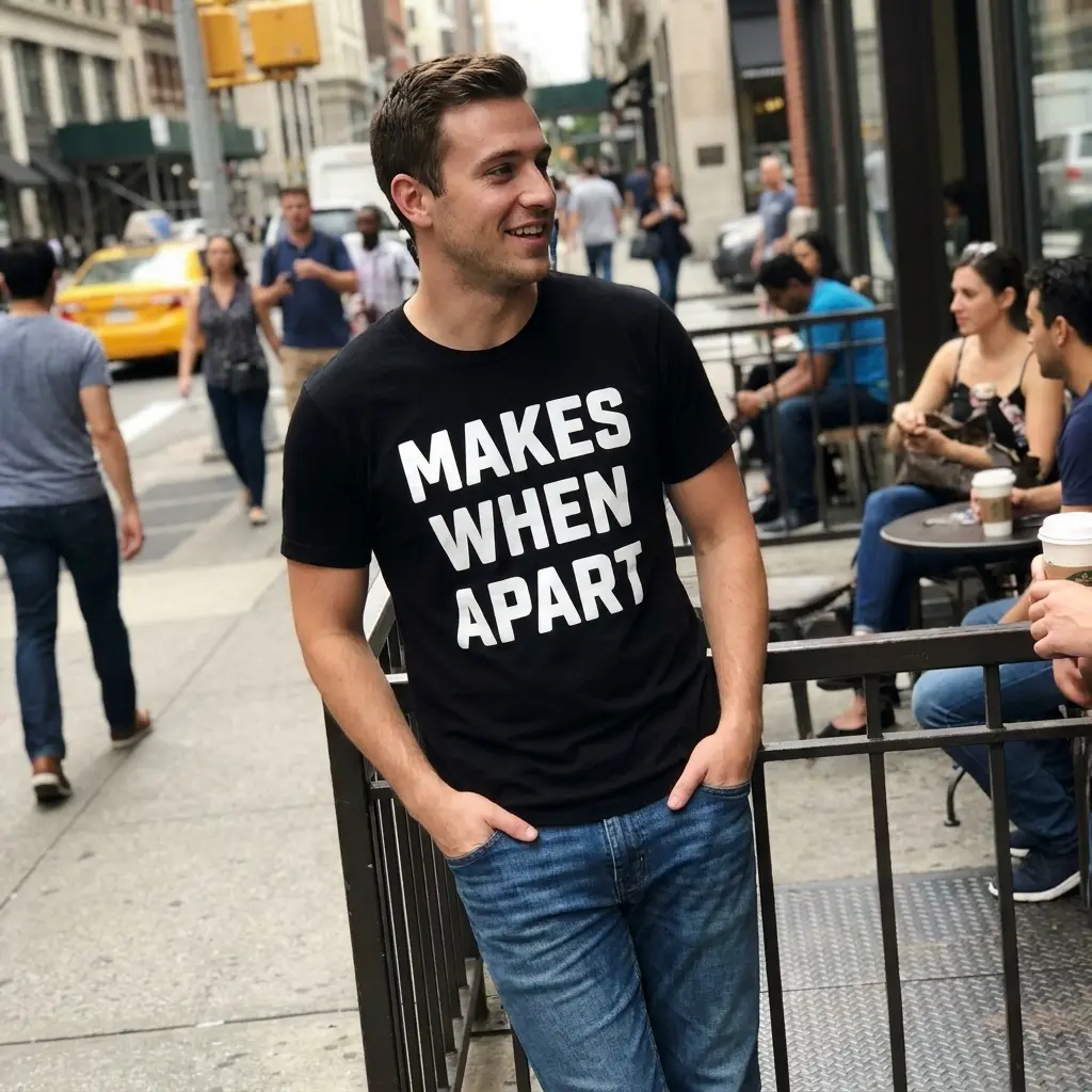 Makes When Apart Funny Grammar T-Shirt 6 Detailed lifestyle view highlighting the white bold typography reading MAKES WHEN APART on a black shirt.
